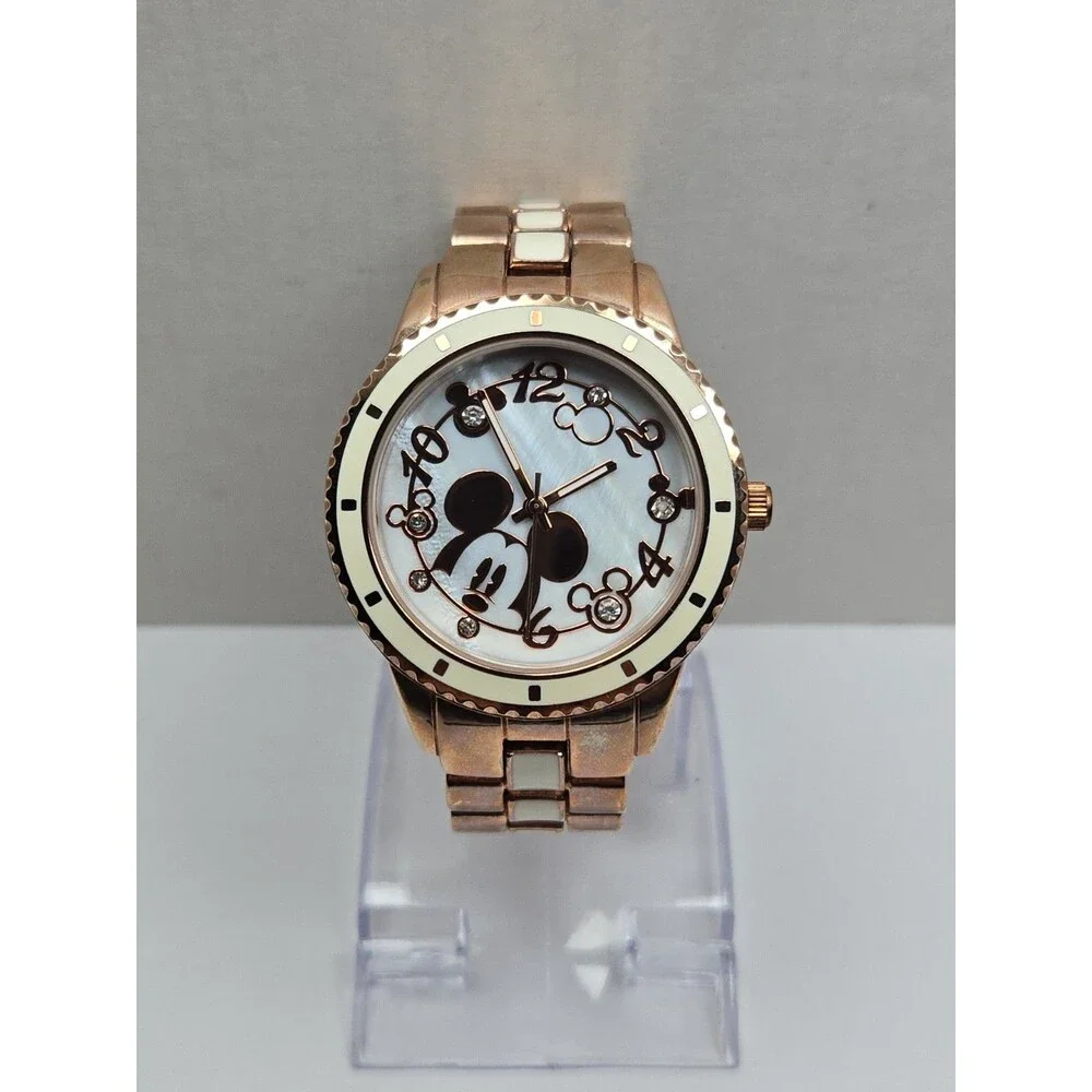 Womens Disney Mickey Mouse Quartz Rose Gold White Crystal Watch New Battery